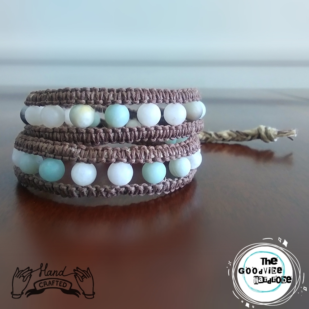 Amazonite & Quartz on Hemp Double Wrap Bracelet